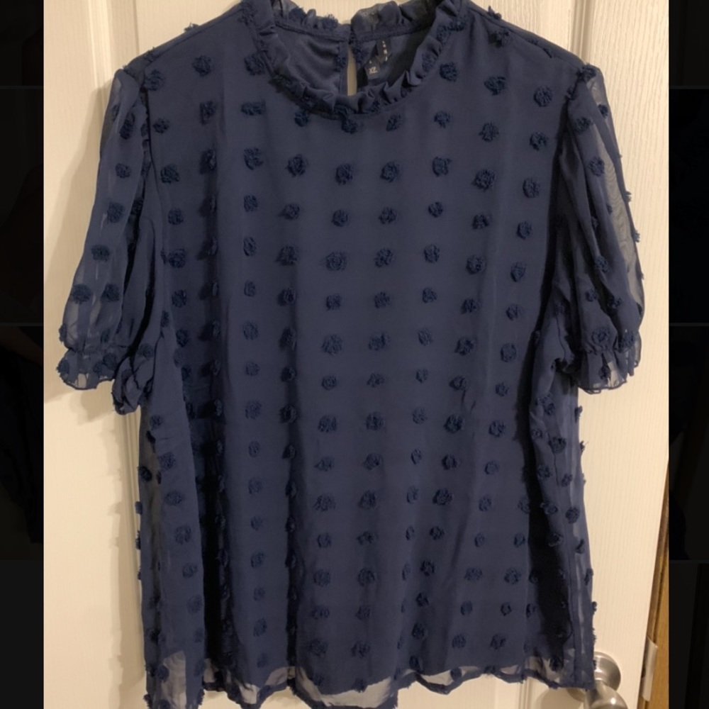 High Neck Dotted Blouse with Puff Sleeves